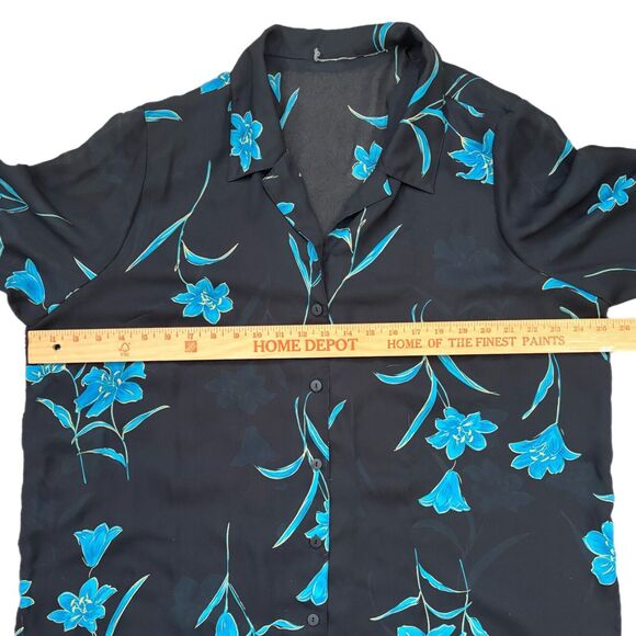 Womens Sheer Floral Print Button Up Top Size 1X Blue Vintage Shoulder Pads - Picture 6 of 8